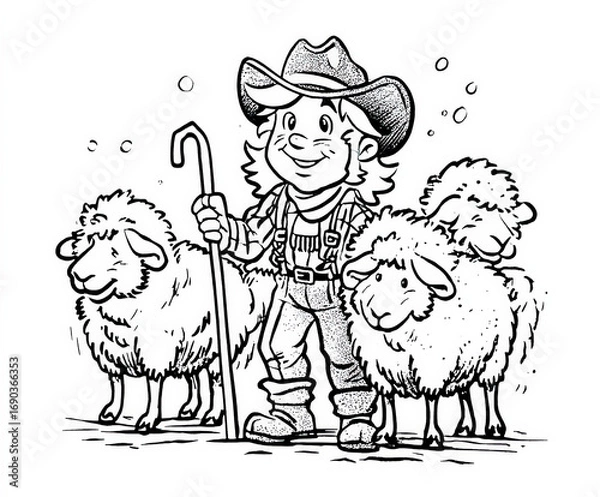 Fototapeta A shepherd with sheep , coloring page for kids, simple outline illustration. Coloring book.