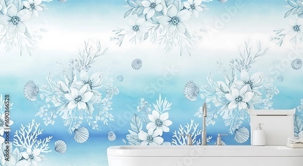 Fototapeta Winter floral pattern with snowflakes and ice crystals on blue background