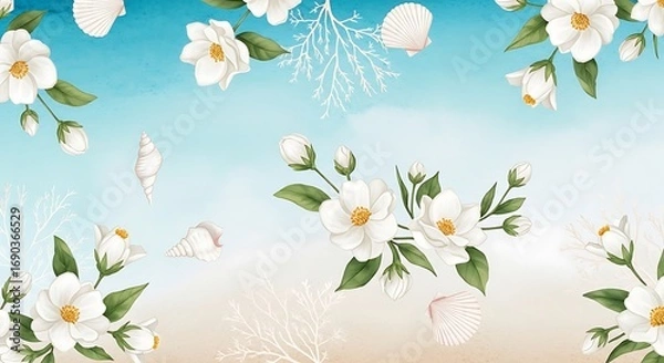 Fototapeta Summer floral pattern with shells and coral on beach background