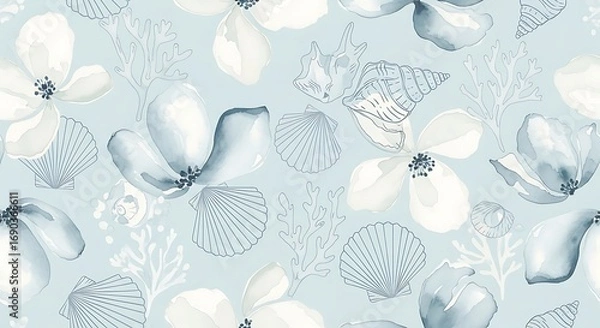 Fototapeta Soft blue watercolor floral pattern with subtle sparkle