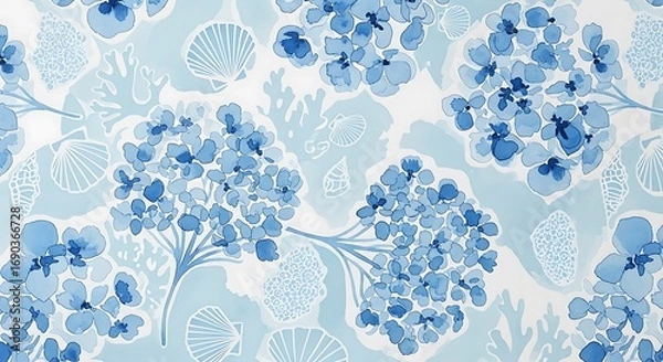 Fototapeta Blue hydrangea floral pattern with shells and coral background