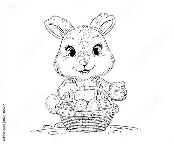 Fototapeta Bunny with a basket of eggs , coloring page for kids, simple outline illustration. Coloring book.