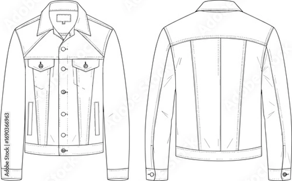Fototapeta Denim jacket front and back technical fashion sketch with pockets and collar, cad drawing flat vector illustration for apparel design.