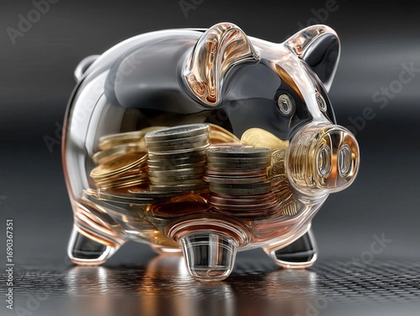 Fototapeta Fully transparent acrylic piggy bank showing stacked coins inside, modern minimalist design, studio lighting