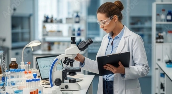 Fototapeta Dedicated female scientist working with a microscope in a modern laboratory setting meticulously