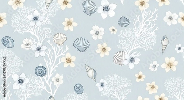 Fototapeta Seamless pattern with seashells, coral, and small flowers on blue