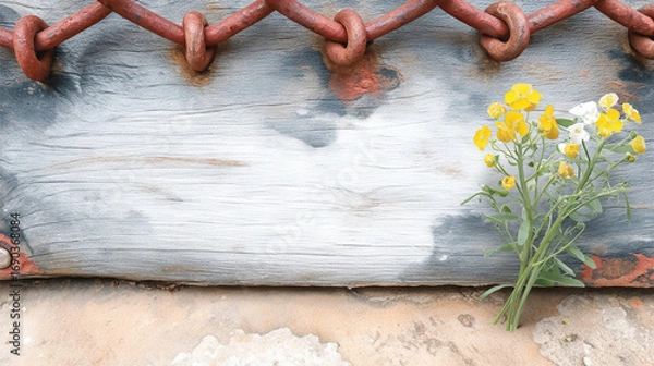 Fototapeta Rusted chainmail background with wildflower bouquet imprint