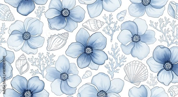 Fototapeta Seamless pattern of blue anemone flowers and foliage on white background