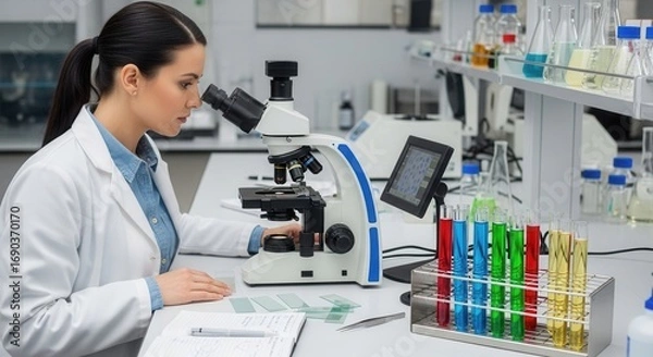 Fototapeta Dedicated scientist exploring microscopic world using a microscope in laboratory attentively, for