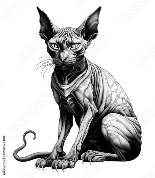 Obraz Intricate Black and White Sphynx Cat Line Art Illustration