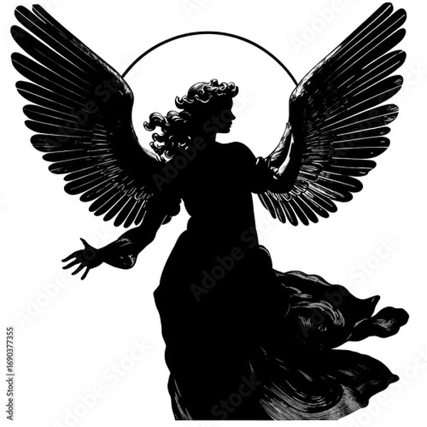 Obraz Majestic Angel Silhouette with Halo on white background isotated