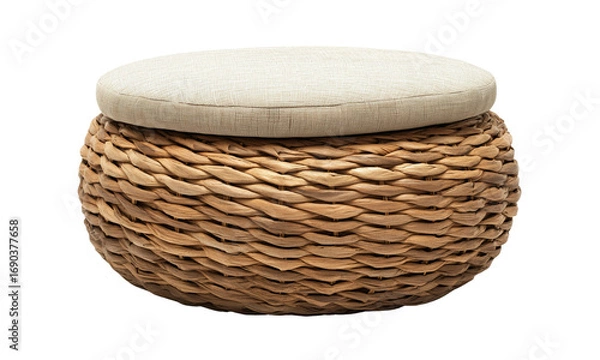 Obraz Round woven wicker ottoman with cushioned beige top, featuring a braided natural fiber base and soft upholstered seat.
