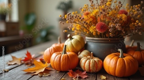 Fototapeta Rustic autumn composition featuring orange pumpkins and delicate dried flowers, bathed in warm natural light evoking cozy fall vibes.
