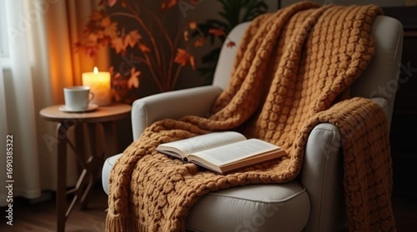 Fototapeta Inviting autumn reading nook featuring a soft blanket on a chair, lit candle, open notebook and steaming cup of tea, bathed in warm natural light.

