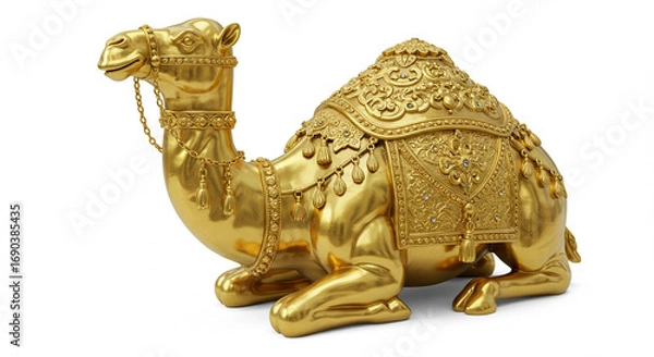 Fototapeta Exquisite Golden Camel Sculpture, Lavishly Adorned with Intricate Jewels, Ornate Saddle, and Tassels on White.