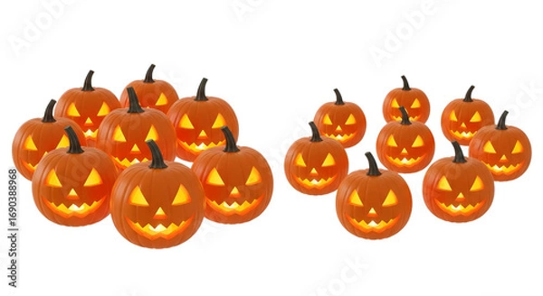 Fototapeta A group of carved jackolanterns with glowing faces, isolated on a transparent background, representing halloween decorations
