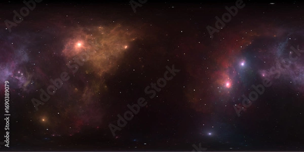 Fototapeta 360 degree space nebula. Giant interstellar cloud with stars, equirectangular projection, environment map. Spherical panorama. 3D rendering, Fractal image