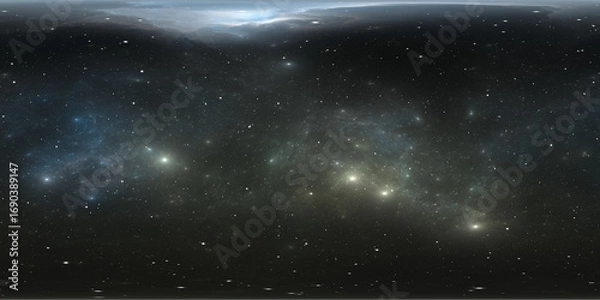 Fototapeta 360 degree space nebula. Giant interstellar cloud with stars, equirectangular projection, environment map. Spherical panorama. 3D rendering, Fractal image
