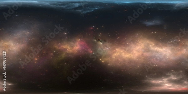 Fototapeta 360 degree space nebula. Giant interstellar cloud with stars, equirectangular projection, environment map. Spherical panorama. 3D rendering, Fractal image