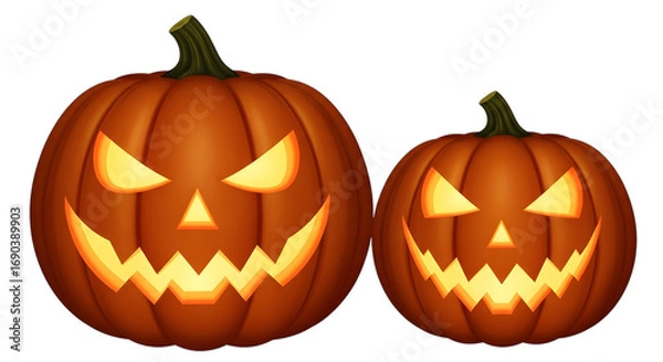 Fototapeta Two carved halloween pumpkins with glowing faces, isolated on a transparent background