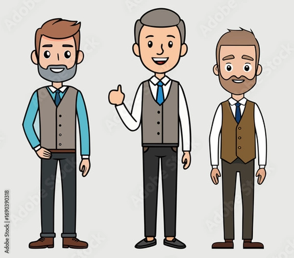 Obraz Group of cartoon male business characters posing together on gray backdrop, flat vector illustration for corporate and workplace concepts