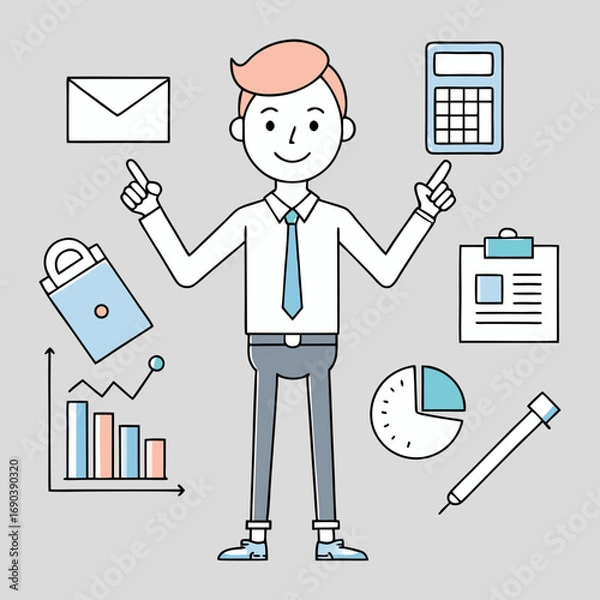 Obraz Smiling cartoon businessman with workplace icons around him, flat vector illustration on gray background for office and teamwork themes