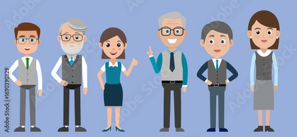 Obraz Cartoon business team smiling and posing together on blue background, vector illustration of office people for corporate design and marketing themes