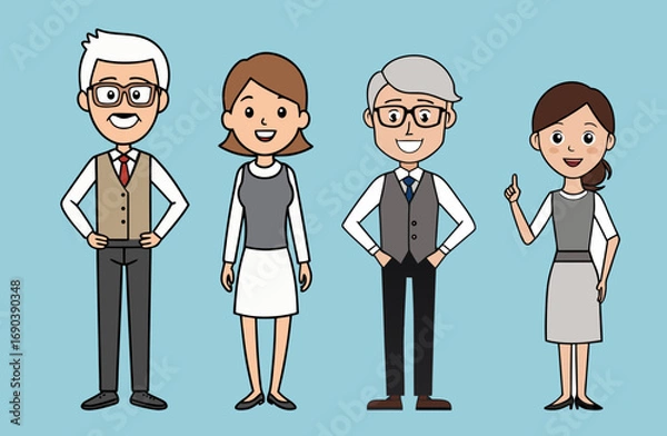 Obraz Illustration of four cartoon characters, two men and two women, dressed in formal office attire. The group is smiling, showing teamwork and professionalism.