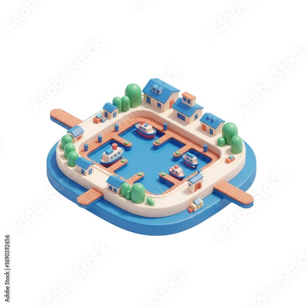 Fototapeta Isometric 3D Town Design With Boats And Houses On Transparent Background