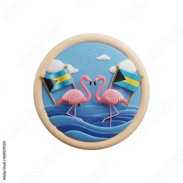 Fototapeta Tropical Flamingo Couple With Bahamas Flags On A round Circle Transparent Background