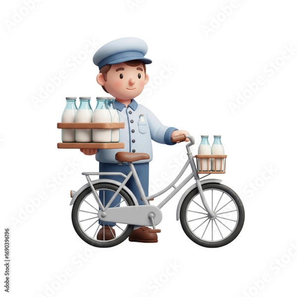 Fototapeta Milkman Riding Bicycle Carrying Milk Bottles on transparent Background Character Illustration