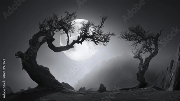Fototapeta Monochromatic landscape with twisted trees silhouetted against a full moon