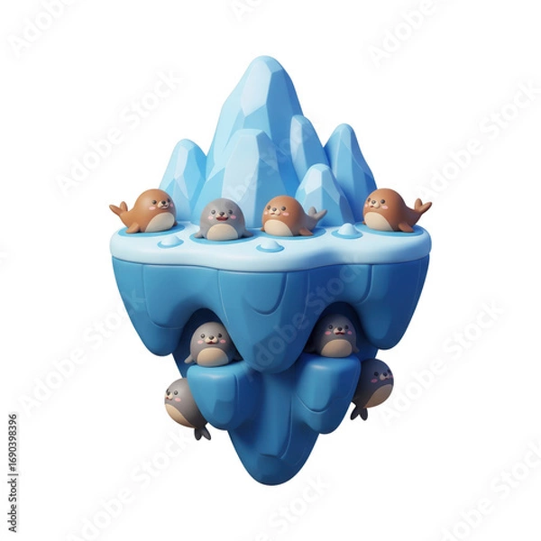 Fototapeta Cute 3D Cartoon Seals On An Iceberg Float In Transparent Background