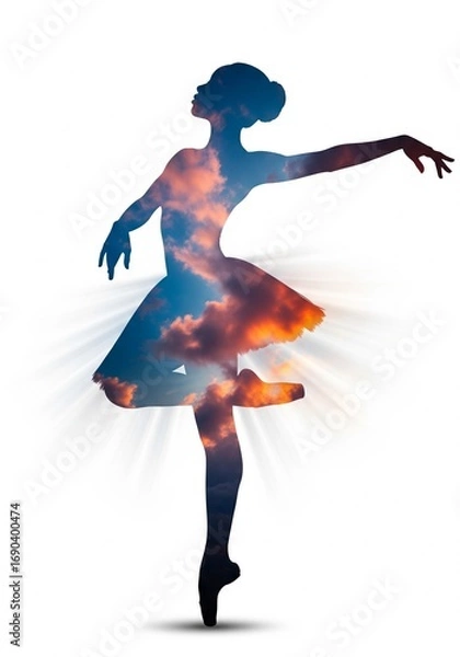 Obraz High quality stock image showing Ballet dancer silhouette sunset Silhouette of a ballerina en pointe overlaid with a vibrant sunset sky evokes grace serenity and artistic expression