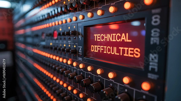 Fototapeta Server room display shows technical difficulties with blinking lights and complex equipment