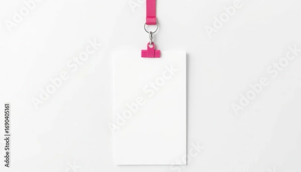 Obraz Blank white card on pink clip hanging against white background  