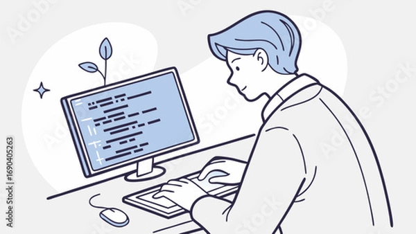 Fototapeta Person working on computer programming coding software development digital illustration modern workplace technology concept flat design vector art minimalist style clean design office worker computer.