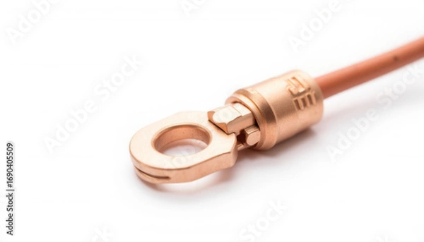 Obraz Copper electrical terminal connector with wire on white background  