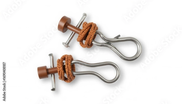 Obraz Metal clips with brown rope knots on a white background  