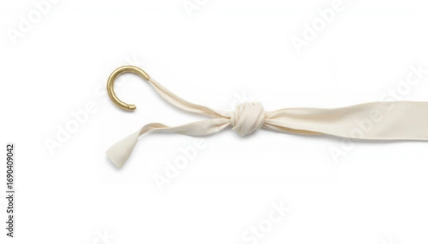 Obraz Ribbon with gold hook tied in a knot on white background  