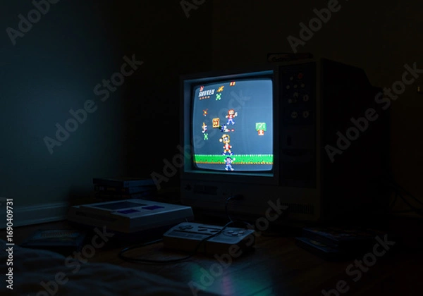 Fototapeta A dimly lit room featuring a vintage television playing a retro video game, with consoles nearby.