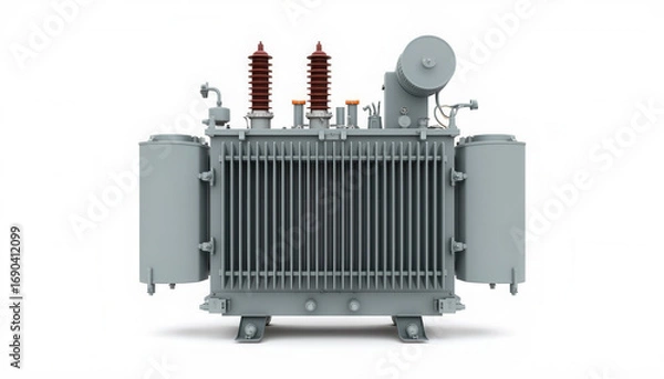 Obraz Gray electrical transformer with detailed components on white background  