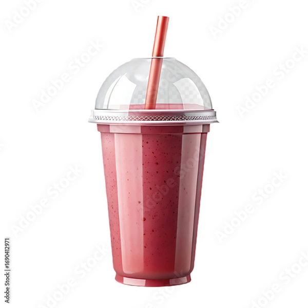 Fototapeta Red Berry Smoothie in a Clear Plastic Cup with Dome Lid and Straw pink fruit isolated on a transparent background