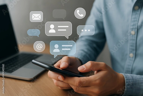 Fototapeta Mobile User Engaging in Online Chat and Social Media Conversations