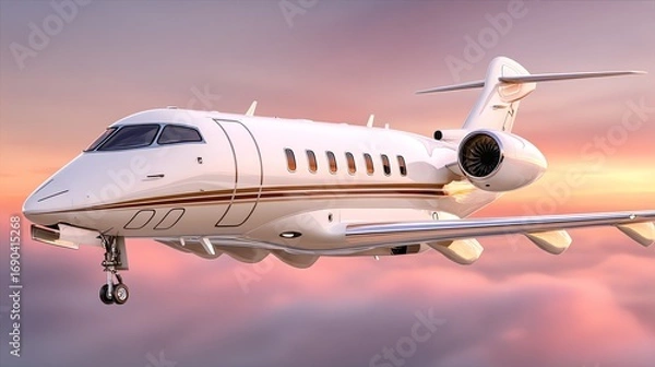 Obraz A sleek, private jet soars through a pastel sky, embodying luxury and freedom, captured with a photorealistic rendering style emphasizing detail and aspiration.
