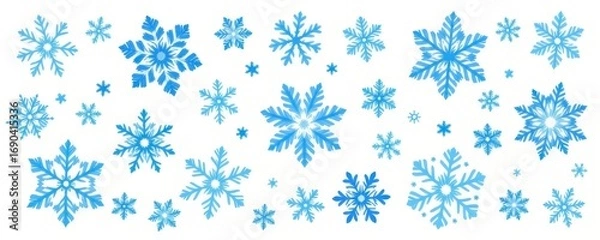 Fototapeta watercolor snowflakes arranged in delicate patterns, soft hand painted detail, festive winter design, gentle blue tones, seasonal decorative charm, isolated beautifully on a pure white background.
