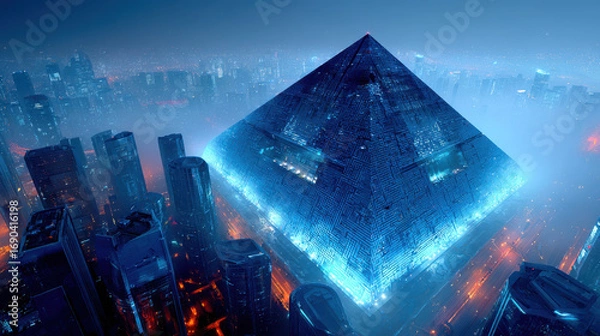 Fototapeta Futuristic pyramid glowing with blue light in cityscape at night showing data and monopoly concepts in digital world