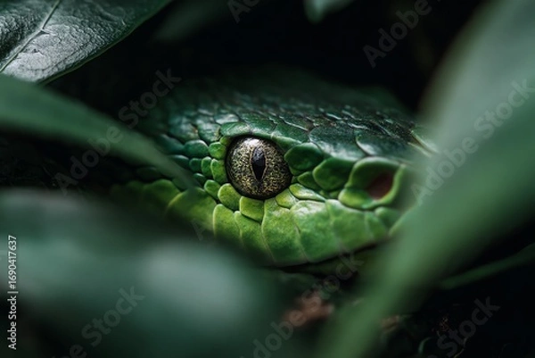 Obraz A striking close-up captures the intense gaze of a green snake, partially concealed amongst lush foliage, evoking a sense of hidden power and natural beauty. The image emphasizes texture and detail.