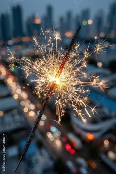 Obraz Sparkler glowing with bright golden sparks against blurred evening city skyline and colorful street lights