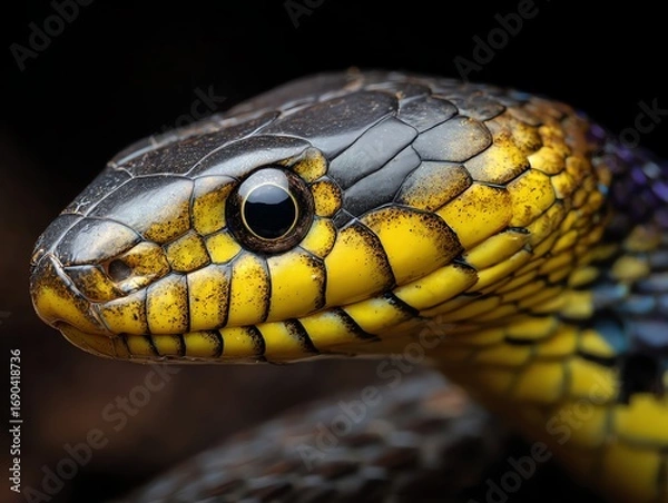 Obraz A striking close-up captures the intricate detail of a snake's head, showcasing its textured scales and intense gaze, evoking a sense of primal beauty and natural wonder.